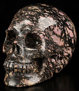 3.9" Pink & Black Rhodonite Hand Carved Crystal Skull, Realistic, Crystal Healing