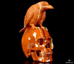 Original 6.5" Red Jasper Carved Crystal Crow and Skull Sculpture, Realistic