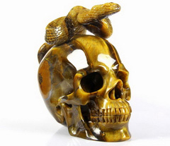 Flash 5.0" Tiger Iron Eye Carved Crystal Skull & Snake Sculpture, Realistic, Crystal Healing