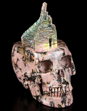Original Design 3.2" Pink & Black Rhodonite Carved Crystal Skull With Rainbow Tower, Realistic