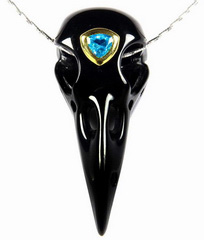 2.3" Black Obsidian Carved Crystal Raven skull Pendant, Blue Sky Topaz, Realistic, Crystal Healing