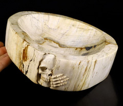 Original Design 7.5" Petrified Wood Carved Crystal Skull Plate Sculpture