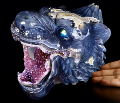 Awesome Lifeszied 7.7" Agate Amethyst Geode Carved Crystal Tiger Head Sculpture With Labradorite Eye, Crystal Healing