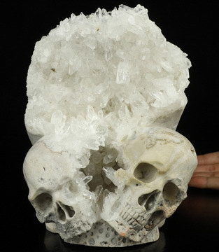 Lifesized 7.5" Quartz Rock Crystal Druse Carved Crystal Double Skulls Sculpture, Realistic, Crystal Healing