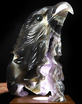 9.3" Agate Amethyst Geode Hand Carved Crystal Skull and Eagle Fine Art Sculpture, Crystal Healing
