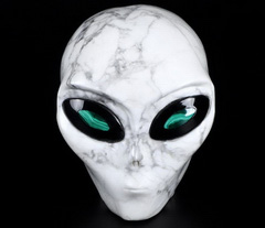 New 3.9" Howlite Carved Crystal Female Alien Skull With Malachite Pupil IN Black obsidian Eyes, Crystal Healing