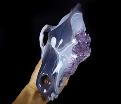 Huge 8.9" Agate Amethyst Geode Carved Crystal Wolf Skull Sculpture, Crystal Healing