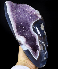 Amazing 6.3" Agate Amethyst Geode Carved Crystal Half Face Skull Sculpture, Crystal Healing