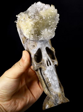 Huge 7.7" Quartz Rock Crystal Druse Carved Crystal Alien Skull, Crystal Healing