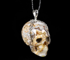 1.5" Red Crazy Lace Agate Carved Crystal Skull Pendant, Realistic, Crystal Healing