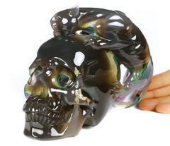 Amazing 6.5" Amethyst & Agate Geode Carved Crystal Skull With Leopard Sculpture,Crystal Healing