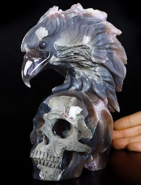 Huge 8.3" Amethyst & Agate Geode Carved Crystal Skull With Eagle Head Sculpture, Realistic, Crystal Healing