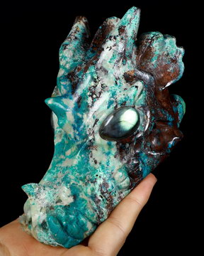 Huge 5.2" American Chrysocolla Carved Crystal Dragon Skull, Labradorite Eyes, Crystal Healing