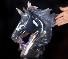 Amazing 7.9" Agate Amethyst Geode Carved Crystal Unicorn Sculpture, Crystal Healing