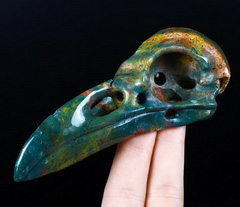 Gemstone 4.8" Bloodstone Carved Crystal Raven Skull Pendant, Crystal Healing
