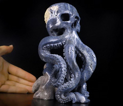 Nice Design 7.2" Blue Sponge Coral Carved Crystal Octopus Skull Sculpture, Crystal Healing
