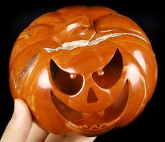 Halloween Jack Pumpkin Head 5.5" Red Jasper Carved Crystal Jack-O'-Lantern Skull, Crystal Healing