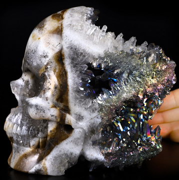 Amazing Rainbow 5.2" Quartz Rock Crystal Druse Carved Crystal Skull, Realistic, Crystal Healing