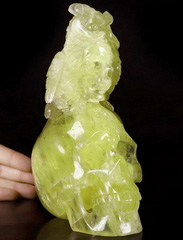 Huge 7.0" Citrine Carved Crystal Skull & Owl Standing Sculpture, Crystal Healing
