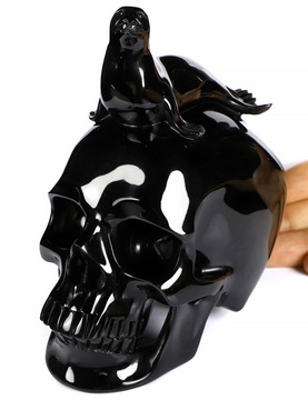 5.6" Black Obsidian Carved Crystal Skull With Seal Sculpture, Crystal Healing