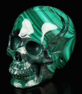 GEMSTONE 2.0" Malachite Carved Crystal Skull, Realistic, Crystal Healing