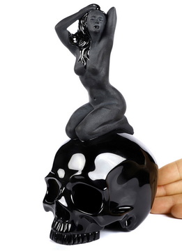 7.3" Black Obsidian Carved Crystal Skull With Naked woman Sculpture, Crystal Healing