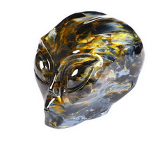 Gemstone Flash 1.7" Blue, Gold & Red Pietersite Carved Crystal Female Alien Skull, Crystal Healing