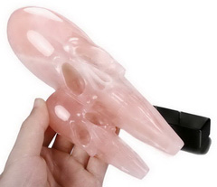 Huge 8.7" Rose Quartz Carved Crystal Double Skulls Sculpture with Black Obsidain Stand, Crystal Healing