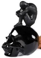 Huge 6.7" Black Obsidian Carved Crystal Man on Skull Sculpture, Crystal Healing