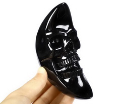 New 5.1" Black Obsidian Carved Crystal Crescent Moon Skull Sculpture, Crystal Healing