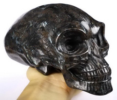 Giant Flash 8.7" Russian Arfvedsonite Carved Crystal Elongated Mayan Alien Skull, With Sutures Sculpture, Kingdom of Crystal Skulls