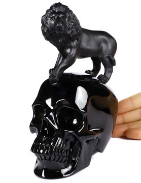 Huge 5.0" Black Obsidian Carved Crystal Skull With Lion Standing Sculpture, Crystal Healing