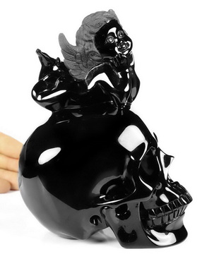 Huge 6.3" Black Obsidian Carved Crystal Skull With Angle, Realistic, Crystal Healing