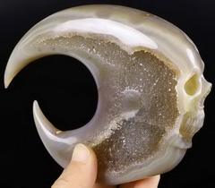 Original 5.5" Agate Geode Carved Crystal Moon Skull Sculpture, Crystal Healing