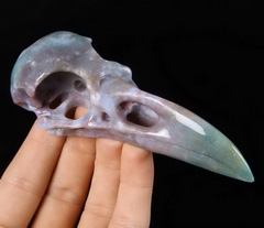 Nice 4.8" Indian Agate Carved Crystal Raven Skull Pendant, Jewery,, Crystal Healing