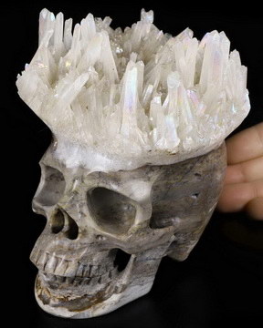 5.2" Rainbow Aura Quartz Druse Carved Crystal Skull, Crystal Healing
