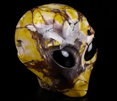 4.1" Mookaite Jasper Star Being Female Alien Crystal Skull Companion with Black Obsidian Eyes, Hand Carved Gemstone Fine Art Sculpture,, Reiki Healing Stone Statue