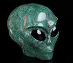 Huge 4.1" African Green Stone Verdite Star Being Female Alien Crystal Skull Companion with Black Obsidian Eyes, Hand Carved Gemstone Fine Art Sculpture,, Reiki Healing Stone Statue