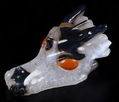 Awesome 5.2" Black Agate Carved Crystal Dragon Skull, Red Jasper Eyes, Crystal Healing