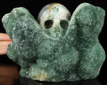 Original 4.6" Fluorite Mineral Carved Crystal Skull Sculpture With Light Stand, Crystal Healing