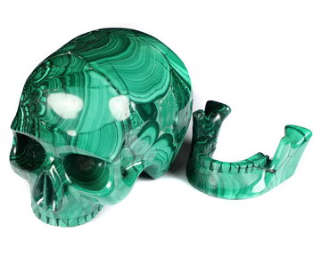 Amazing 6.3" Malachite Carved Crystal Mitchell-Hedges Crystal Skull, Detachable Jaw, Crystal Healing