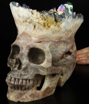 Lifesized 7.3" Quartz Rock Crystal Druse Carved Crystal Skull, Crystal Healing