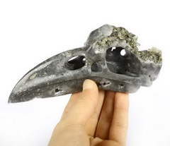 Huge 6.6" Pyrite Druse Carved Crystal Raven Skull Pendant, Crystal Healing