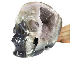 Lifesized 7.1" Agate Amethyst Geode Carved Crystal Skull,Super Realistic, Crystal Healing