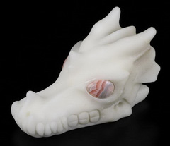 Huge 5.2" White Jade Carved Crystal Dragon Skull, Rhodochrosite Eyes, Crystal Healing