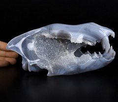 Nice 8.1" GRAY & WHITE Agate Geode Carved Crystal Wolf Skull Sculpture, Crystal Healing