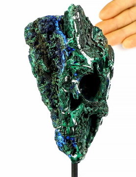 Huge 5.4" Azurite& malachite Mineral Carved Crystal Skull Sculpture With Stand, Crystal Healing