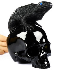 Huge 5.1" Black Obsidian Carved Crystal Skull With Lizard Sculpture, Labradorite Eyes, Crystal Healing
