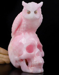 Nice 6.3" Pink Aragonite Carved Crystal Skull With Owl Standing Sculpture, Labradorite Eyes,Super Realistic, Crystal Healing