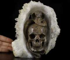 Original 6.2" Quartz Rock Crystal Carved Crystal Skull With Cobra, Crystal Healing
